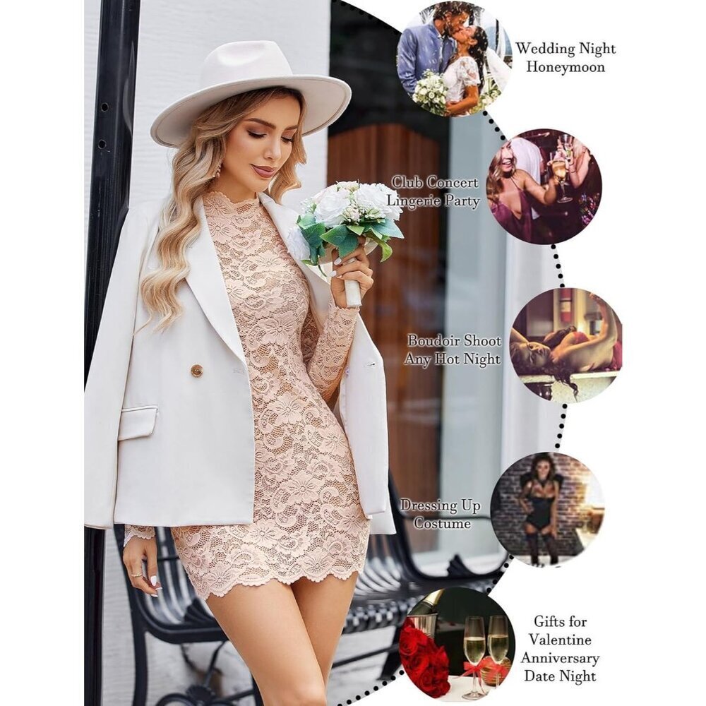 Womens Champagne Sheer Lace Long Sleeve Mini Dresses for Party outfit - Picture 5 of 6